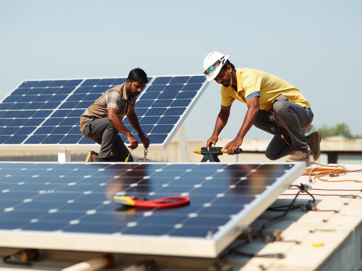 Technicians installing rooftop solar on a small factory